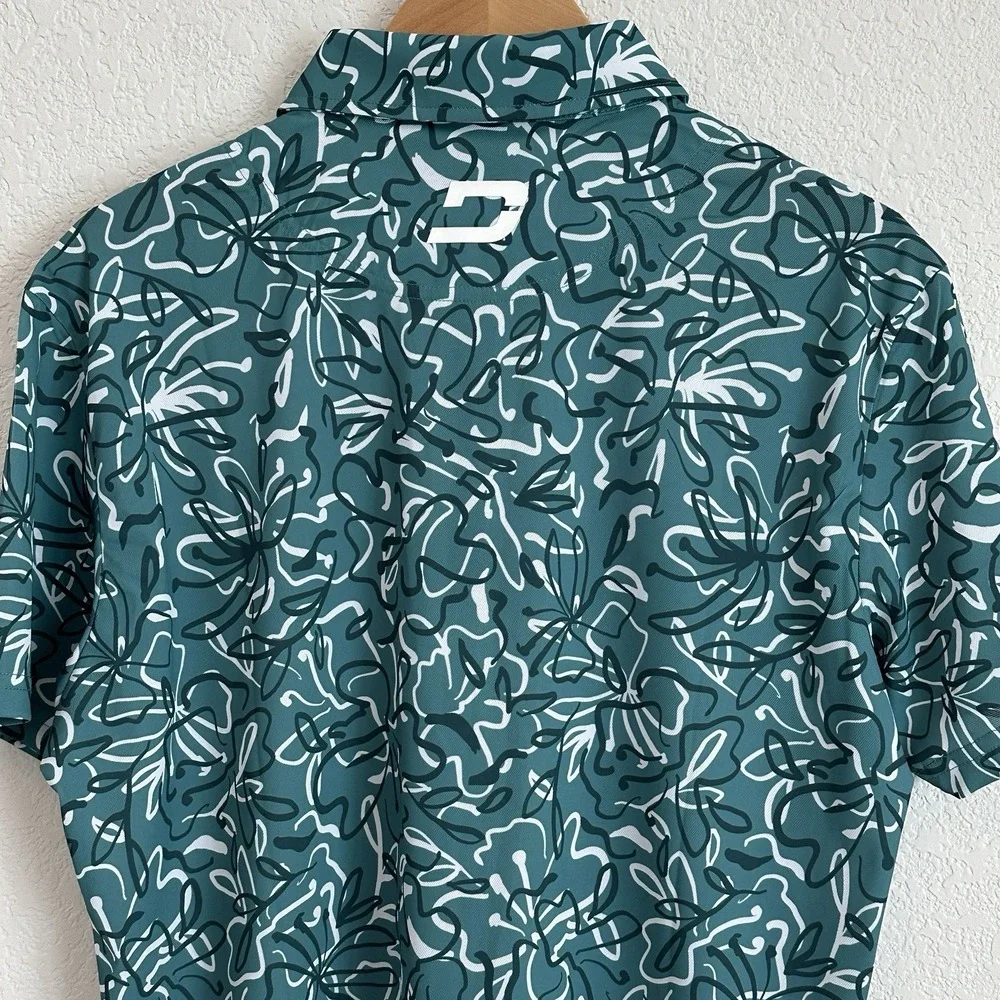 Druids Golf Polo Green Black White Floral AOP Performance Large‎